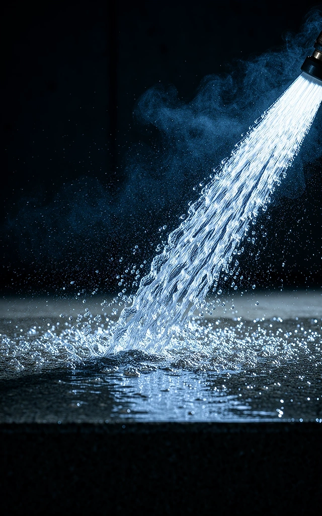 Commercial pressure washing stream hitting industrial stone